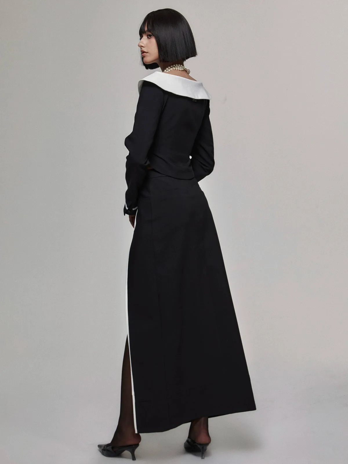 Monochrome Asymmetrical Blazer Set With Hourglass Top And Slimming Long Skirt