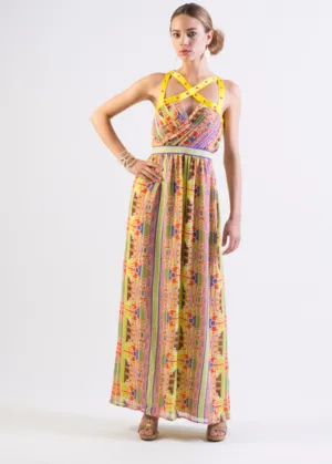 Multi-color tribal print chiffon maxi dress with straps detail