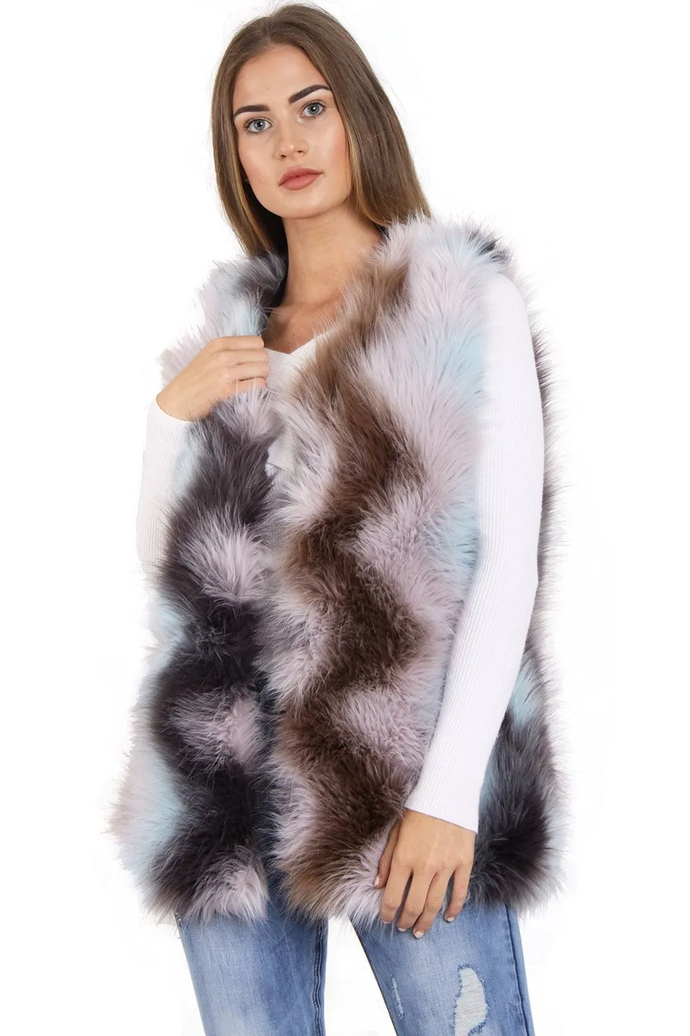 Multi Pastel Colour Zig Zag Faux Fur Gilet