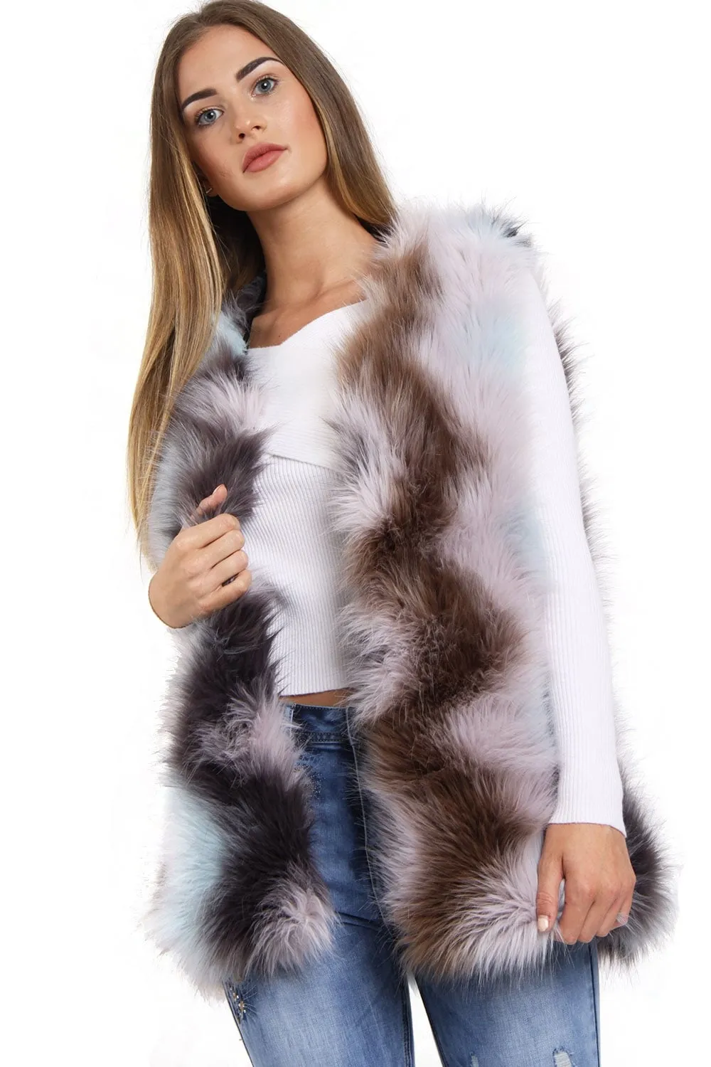 Multi Pastel Colour Zig Zag Faux Fur Gilet