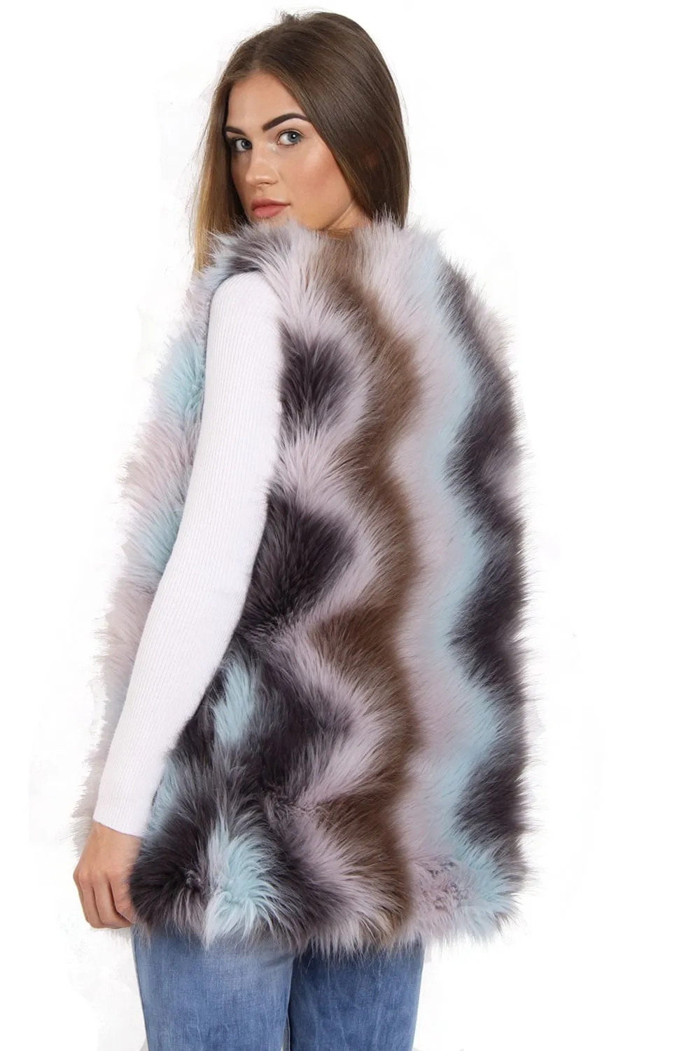 Multi Pastel Colour Zig Zag Faux Fur Gilet