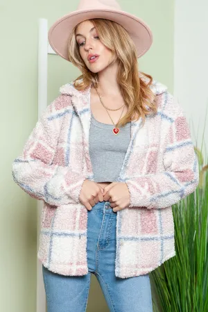 Multicolor Check Print Turn Down Collar Sherpa Jacket