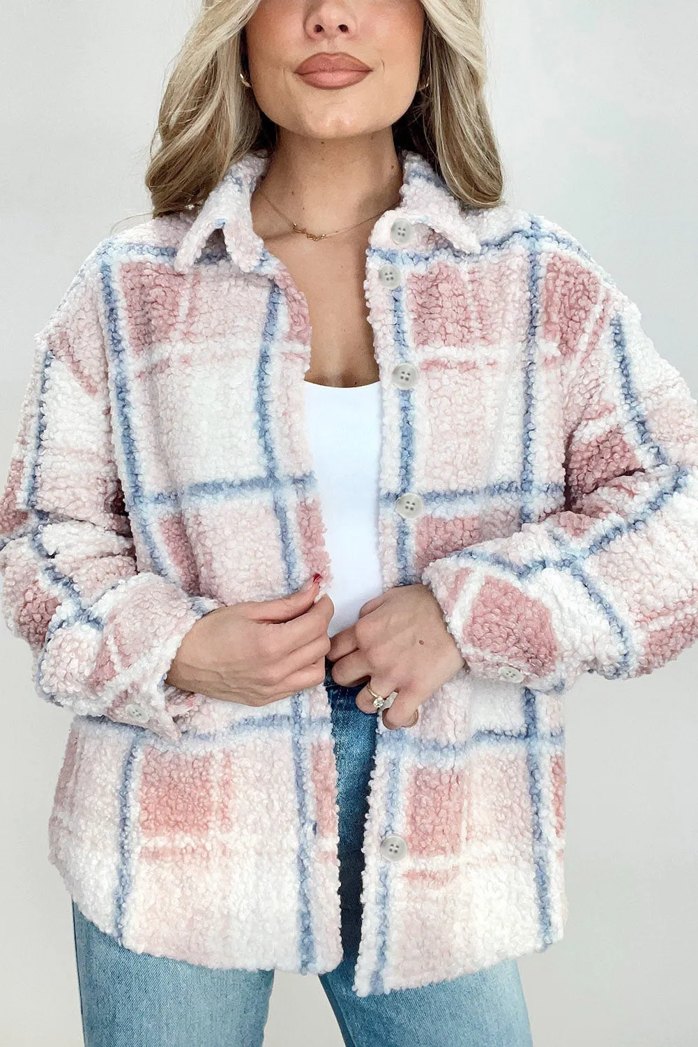 Multicolor Check Print Turn Down Collar Sherpa Jacket