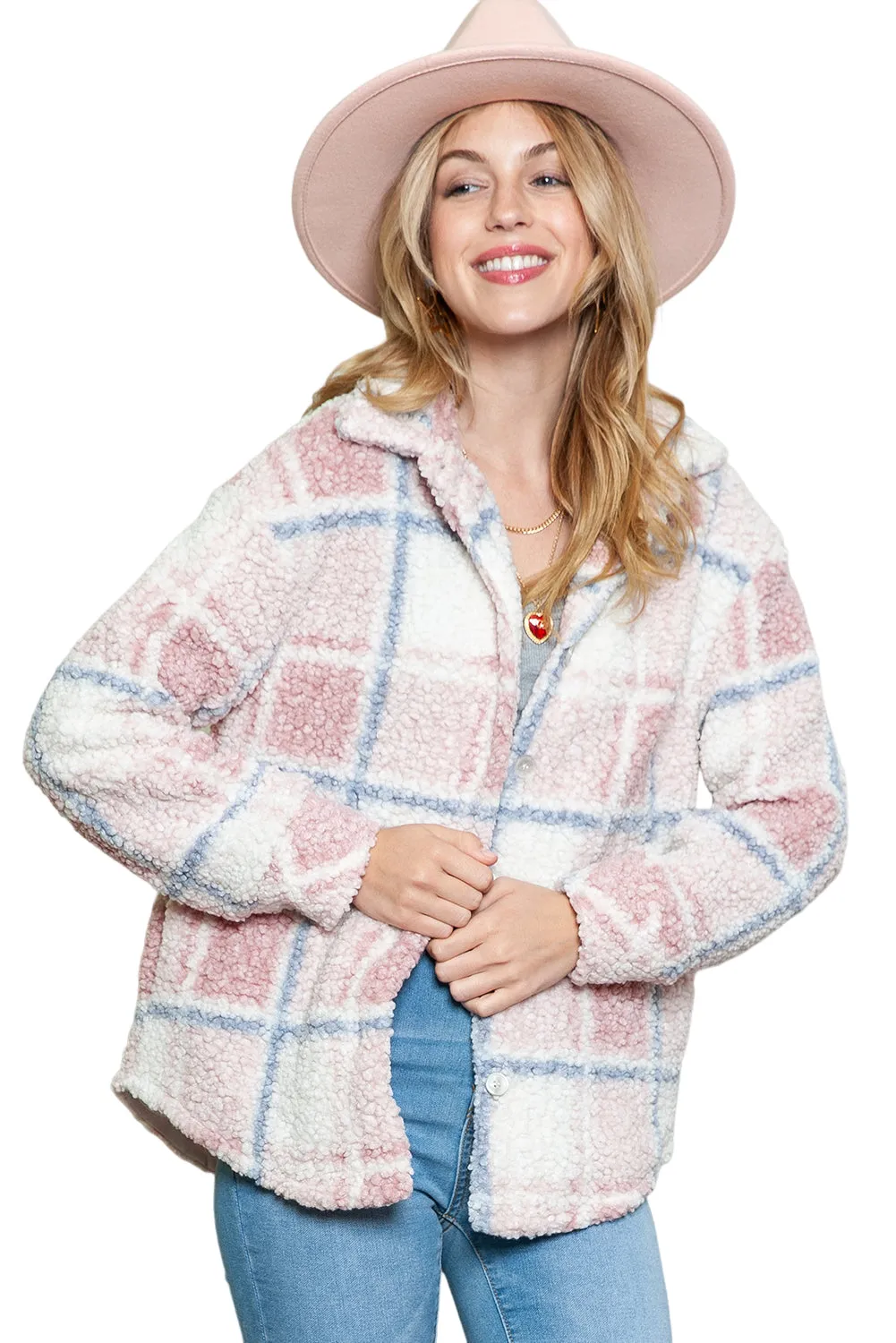 Multicolor Check Print Turn Down Collar Sherpa Jacket