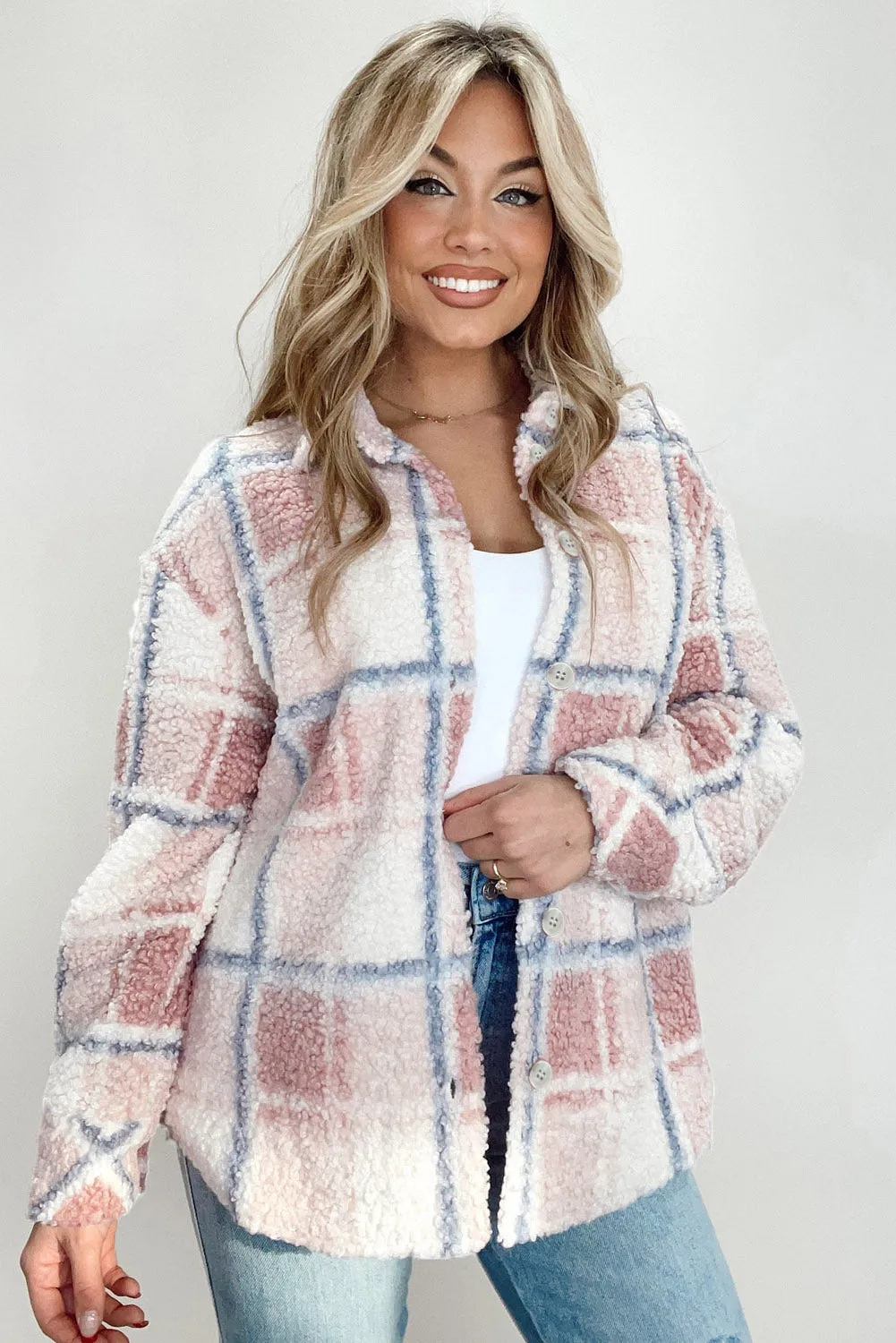 Multicolor Check Print Turn Down Collar Sherpa Jacket