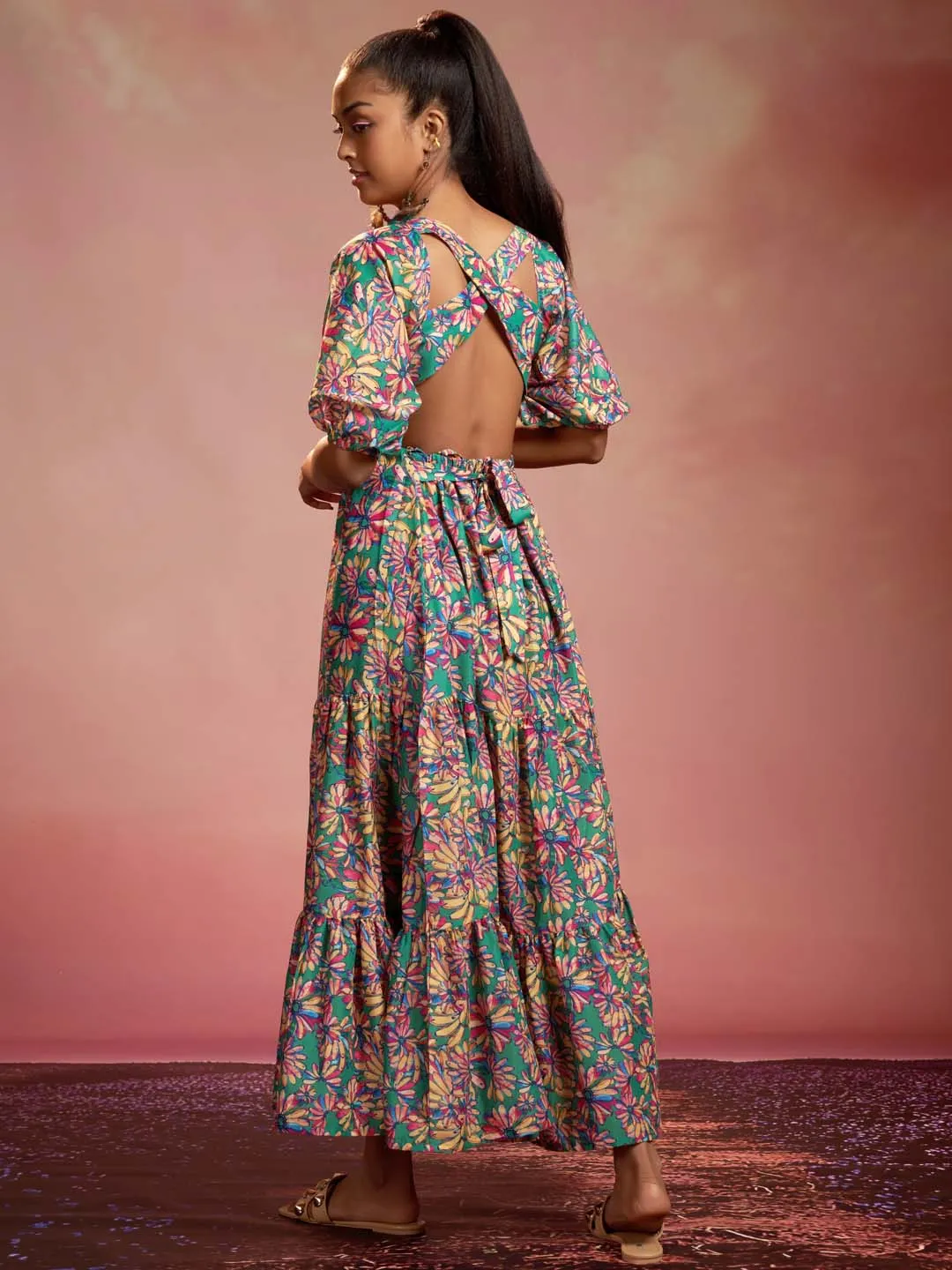 Multicolor Floral Print Muslin Flared Maxi Dress