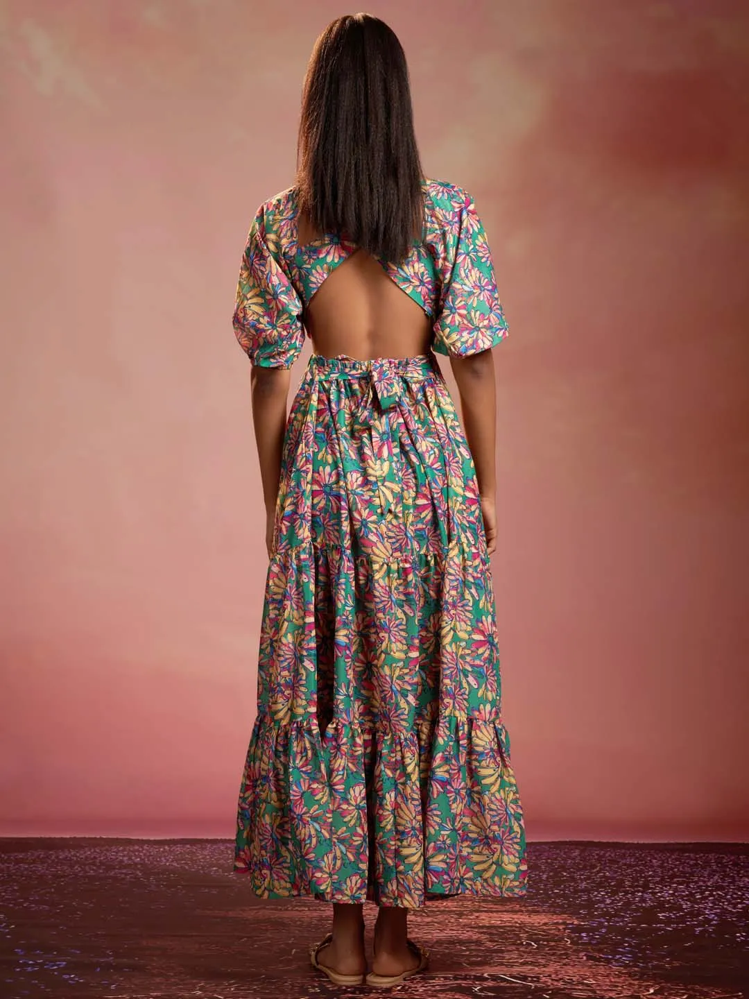 Multicolor Floral Print Muslin Flared Maxi Dress