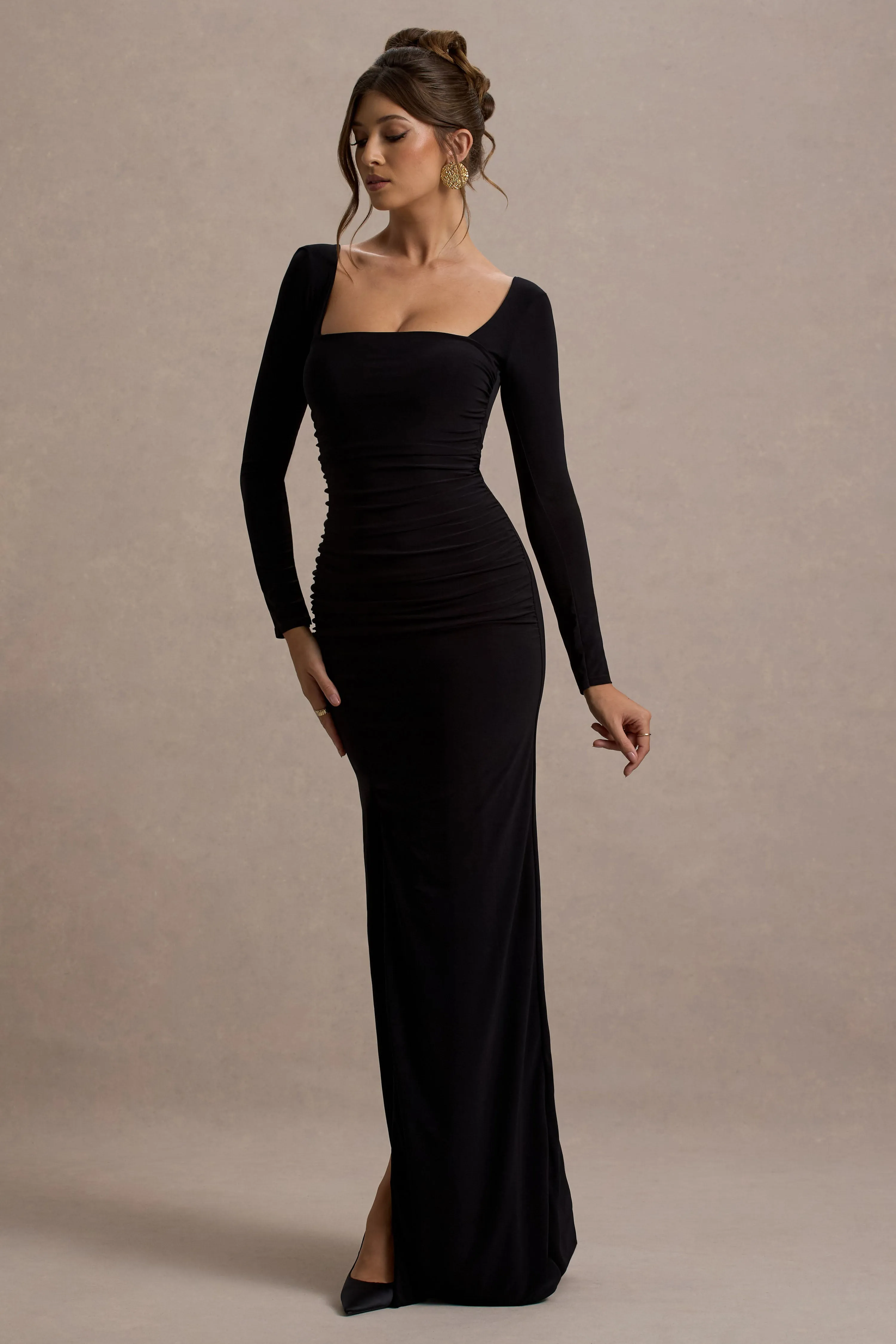 My Pleasure | Black Square Neck Ruched Maxi Dress