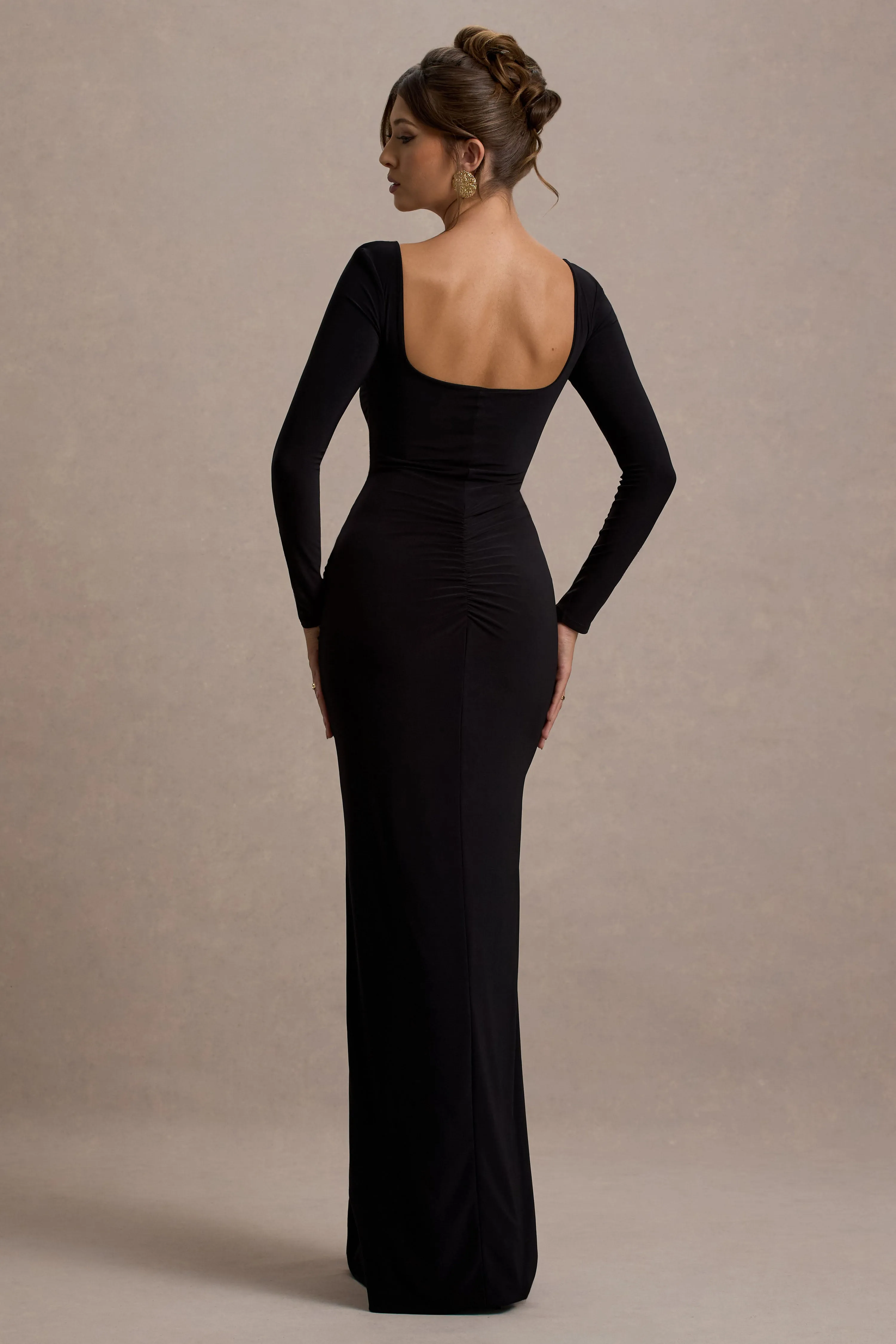 My Pleasure | Black Square Neck Ruched Maxi Dress