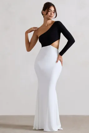 Nantes | Black & White Asymmetric One-Sleeve Cut-Out Maxi Dress