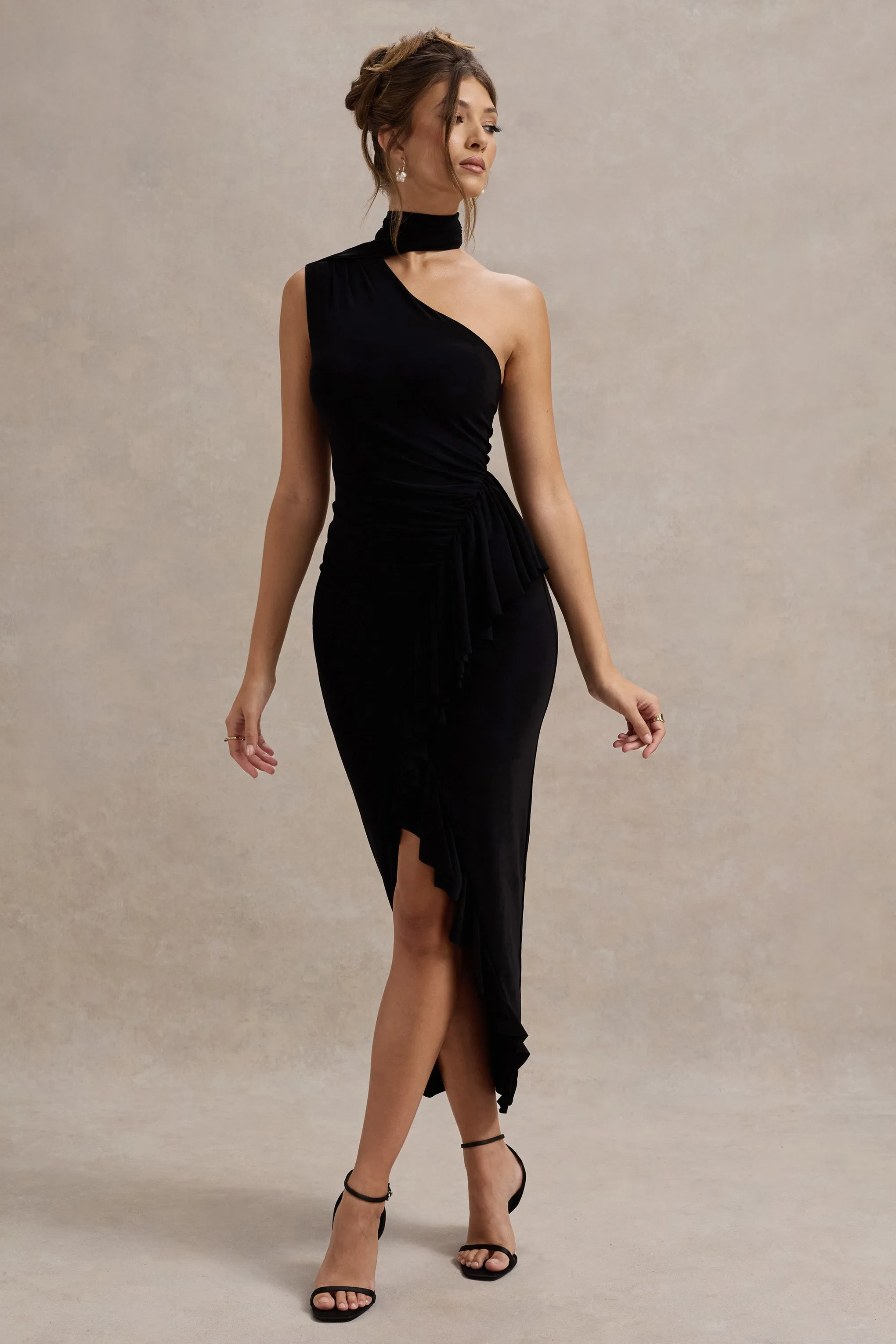 Nevaeh | Black Asymmetric High-Neck Ruffle Split Maxi Dress