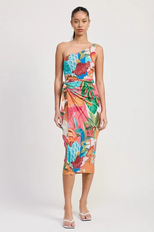 ONE SHOULDER WRAPPED MIDI DRESS