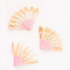 Pastel Pink Wooden Utensils - Spoon, Fork, Knife (Set of 24)