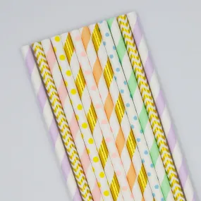 Pastel Rainbow Paper Straws in Pink, Orange, Yellow, Green, Blue, Purple, Gold (Set of 12)