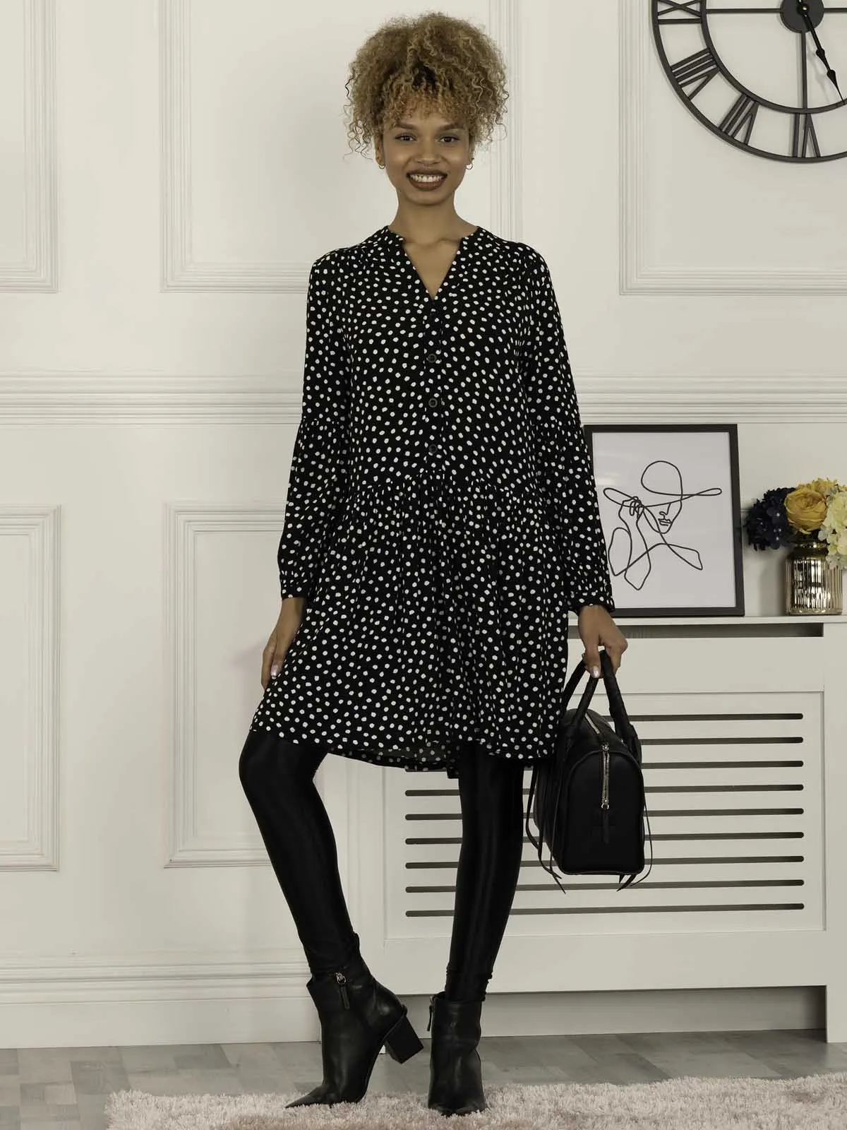 Penele Printed Viscose Shirt Dress, Black Geo