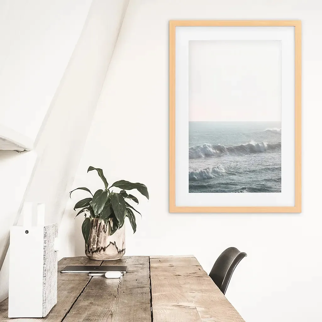 Pink Sunset and Ocean Waves Print. Coastal Wall Art