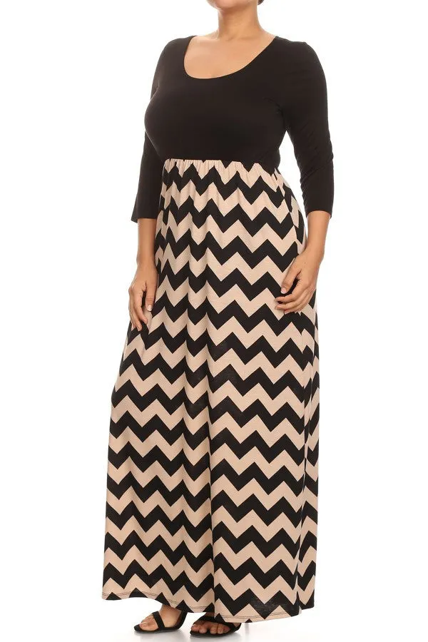 Plus Maxi Dress Chevron Long Full Length Casual 3/4 Sleeve Women Solid