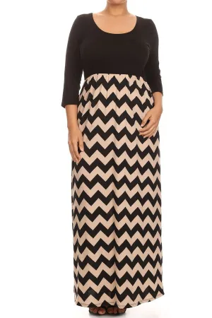 Plus Maxi Dress Chevron Long Full Length Casual 3/4 Sleeve Women Solid