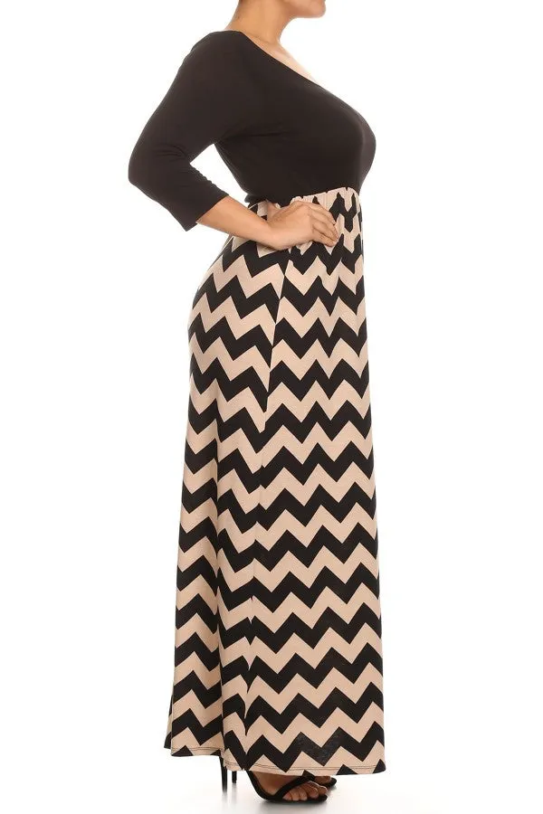 Plus Maxi Dress Chevron Long Full Length Casual 3/4 Sleeve Women Solid