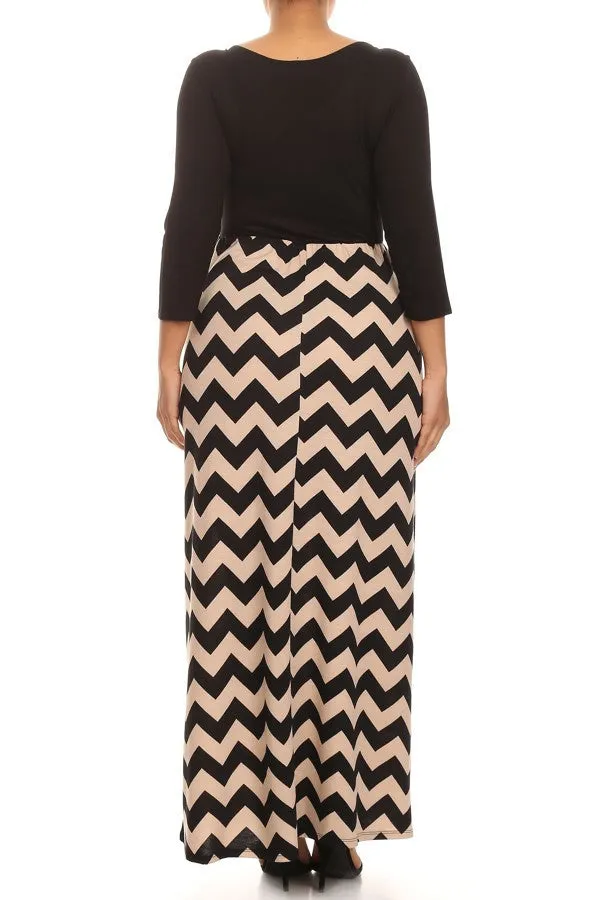 Plus Maxi Dress Chevron Long Full Length Casual 3/4 Sleeve Women Solid