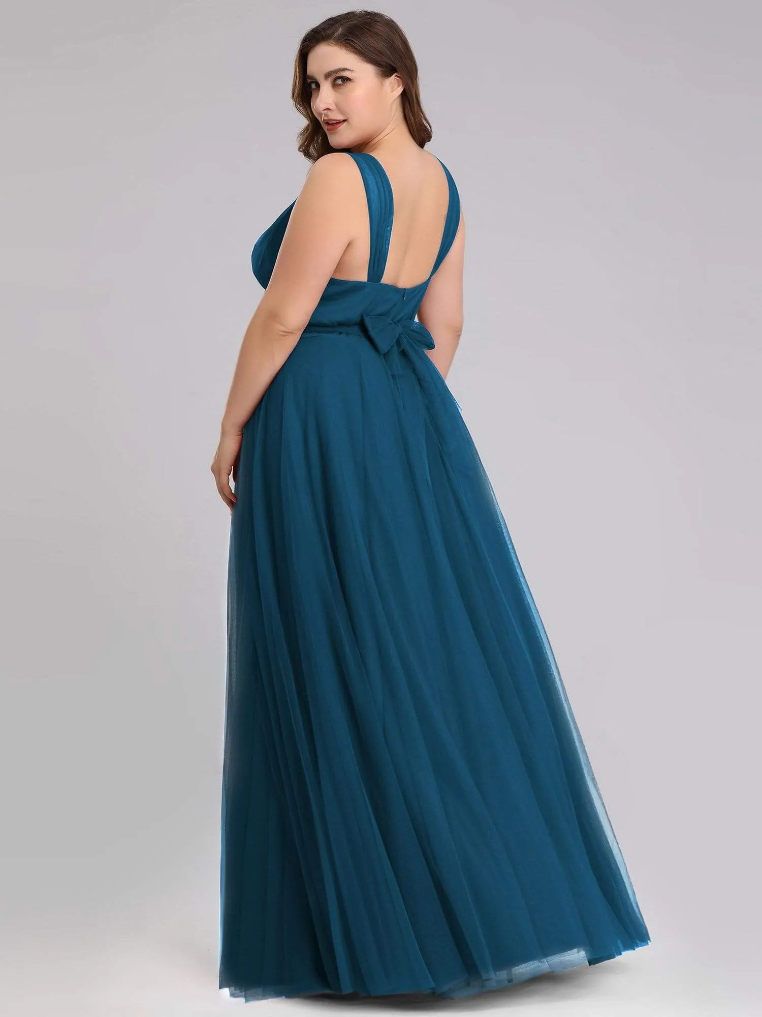 Plus Size Double V Neck Maxi Tulle Bridesmaid Dress