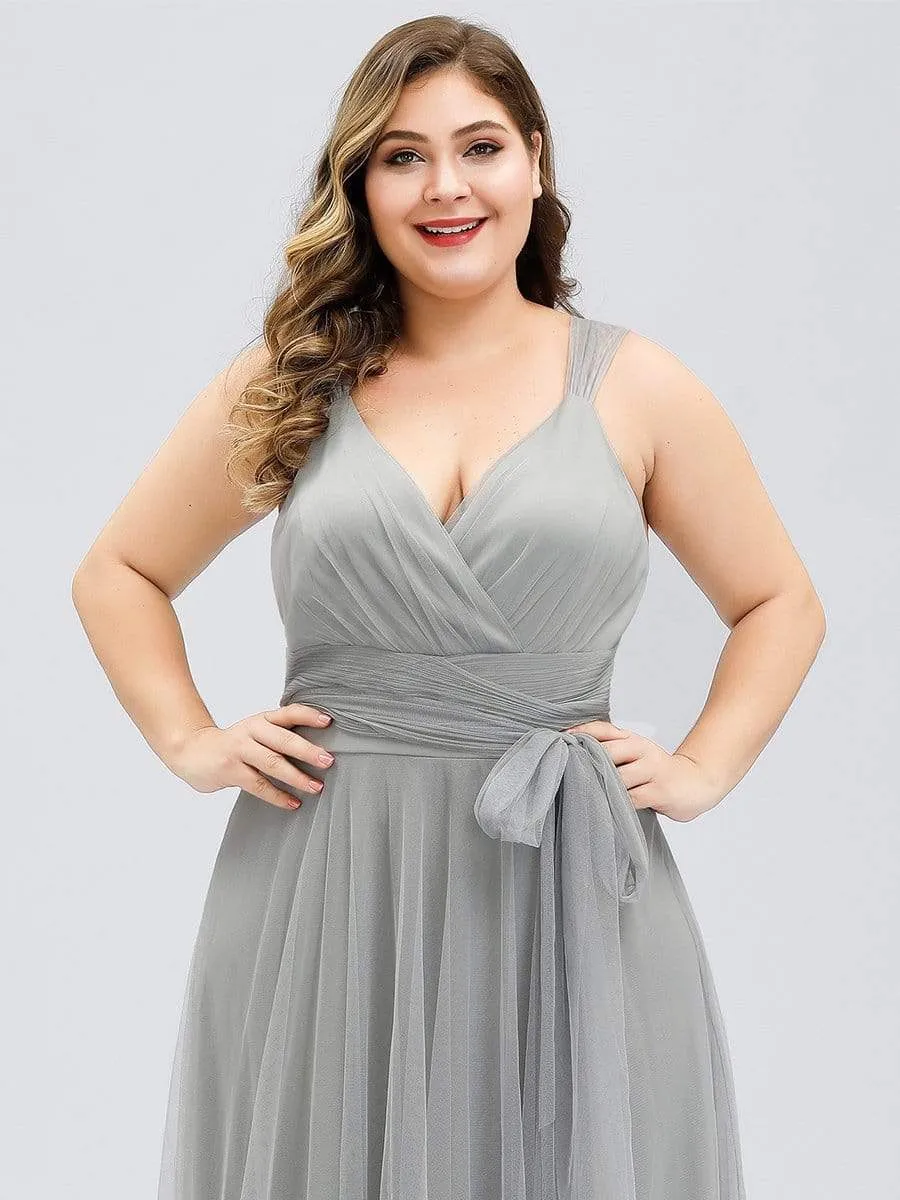 Plus Size Double V Neck Maxi Tulle Bridesmaid Dress