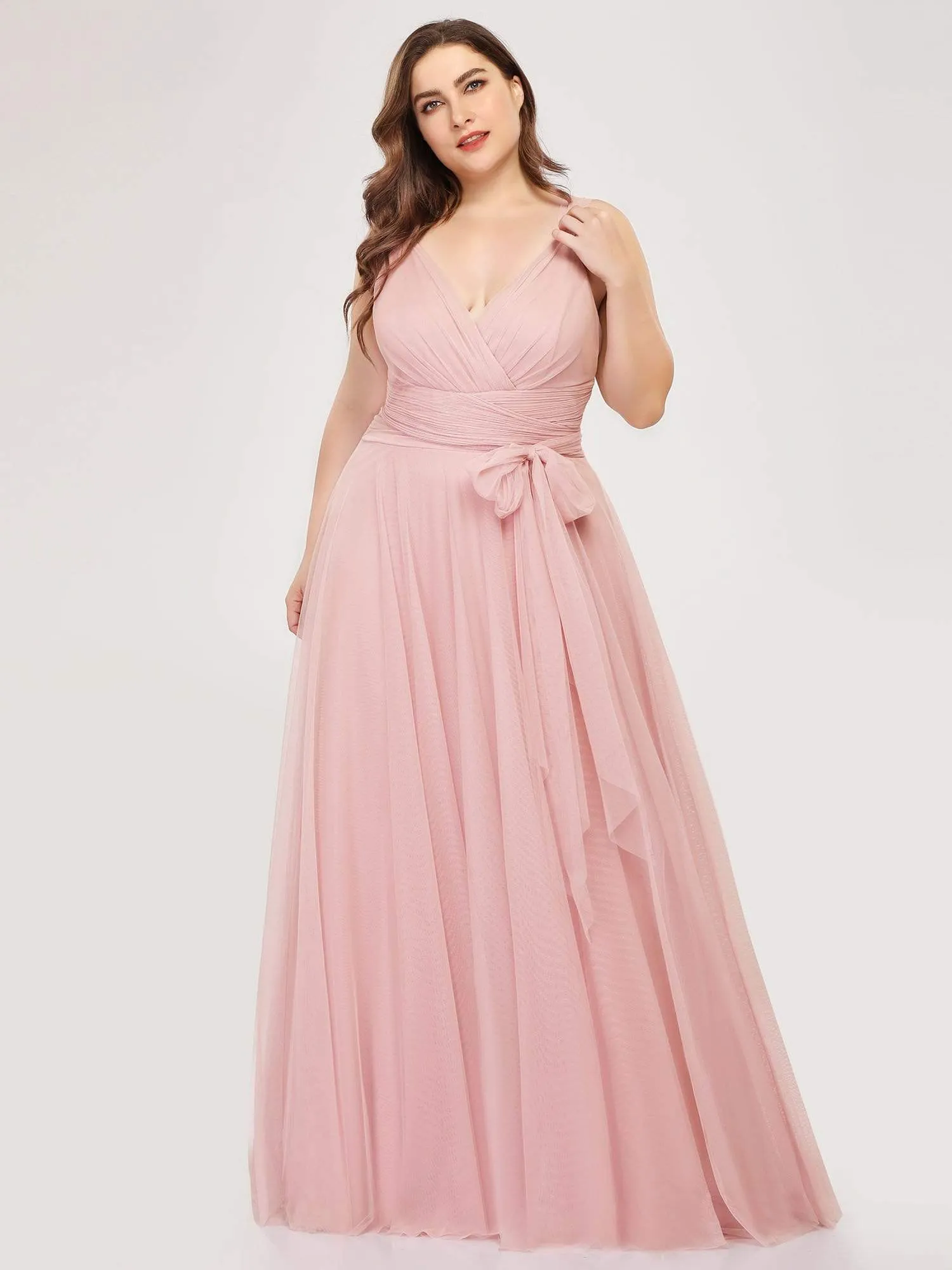 Plus Size Double V Neck Maxi Tulle Bridesmaid Dress