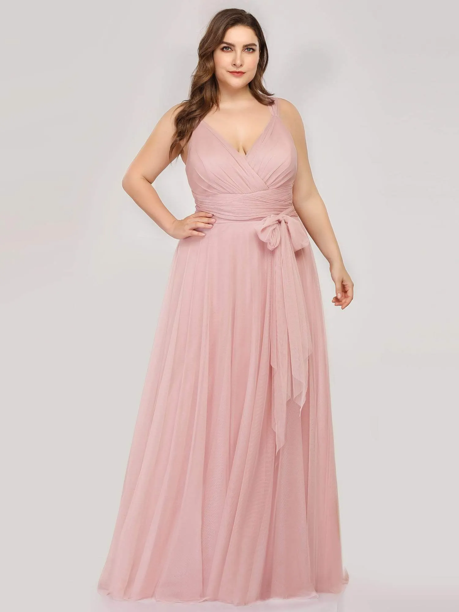 Plus Size Double V Neck Maxi Tulle Bridesmaid Dress