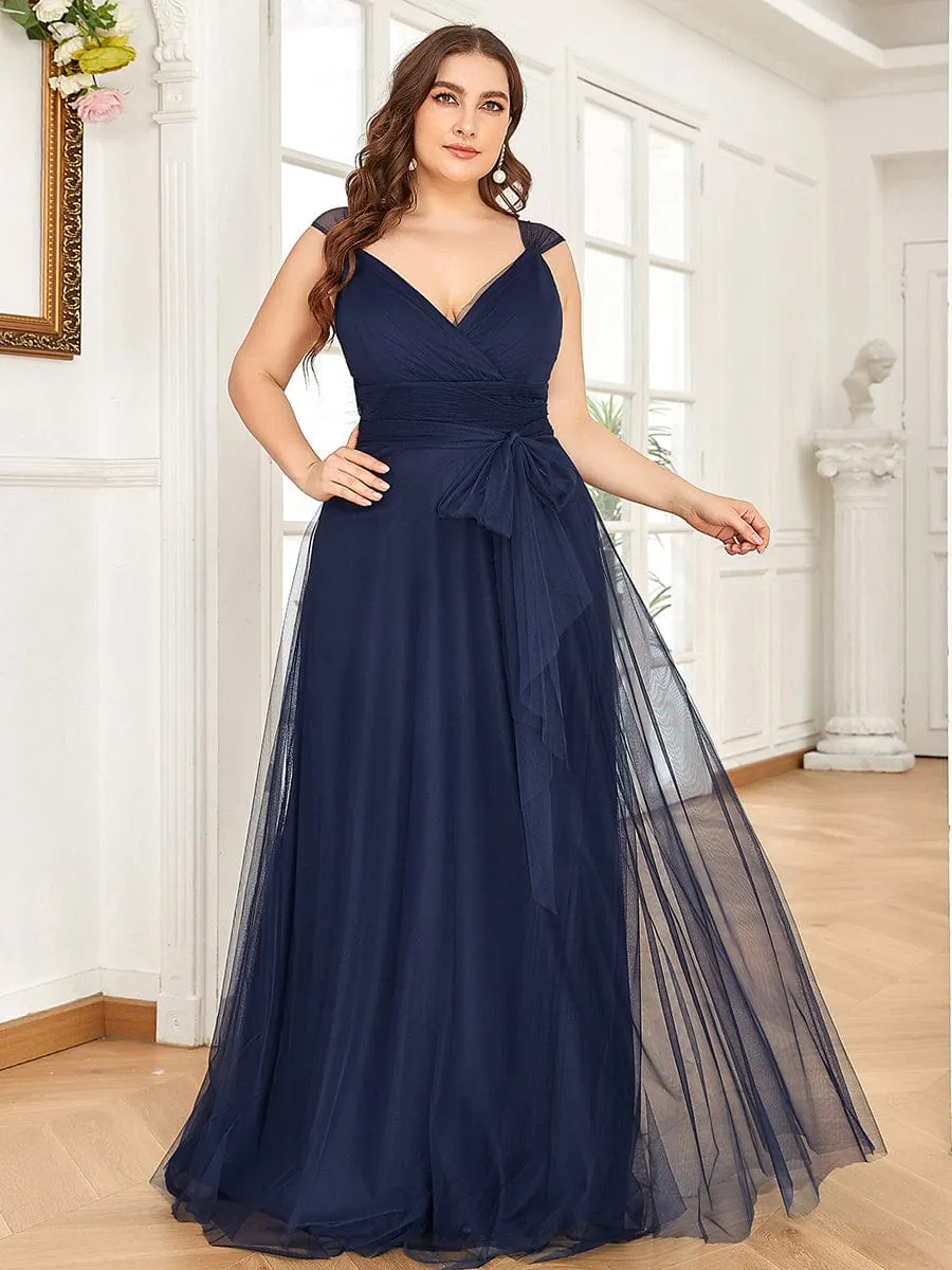 Plus Size Double V Neck Maxi Tulle Bridesmaid Dress