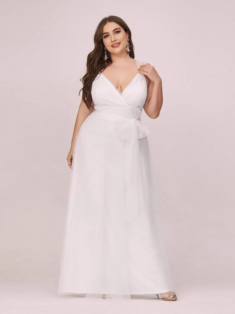 Plus Size Double V Neck Maxi Tulle Bridesmaid Dress