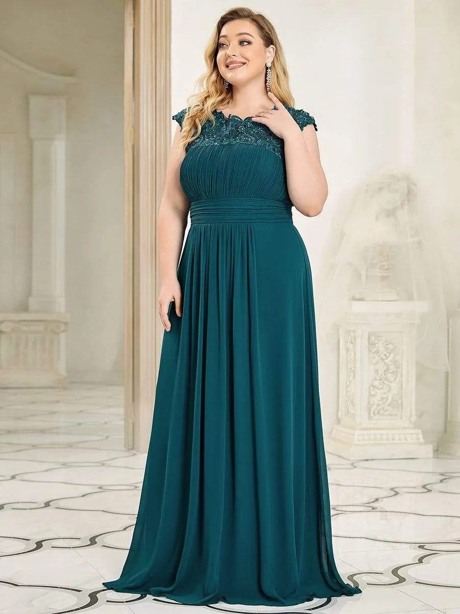 Plus Size Elegant Maxi Long Lace Cap Sleeve Bridesmaid Dress