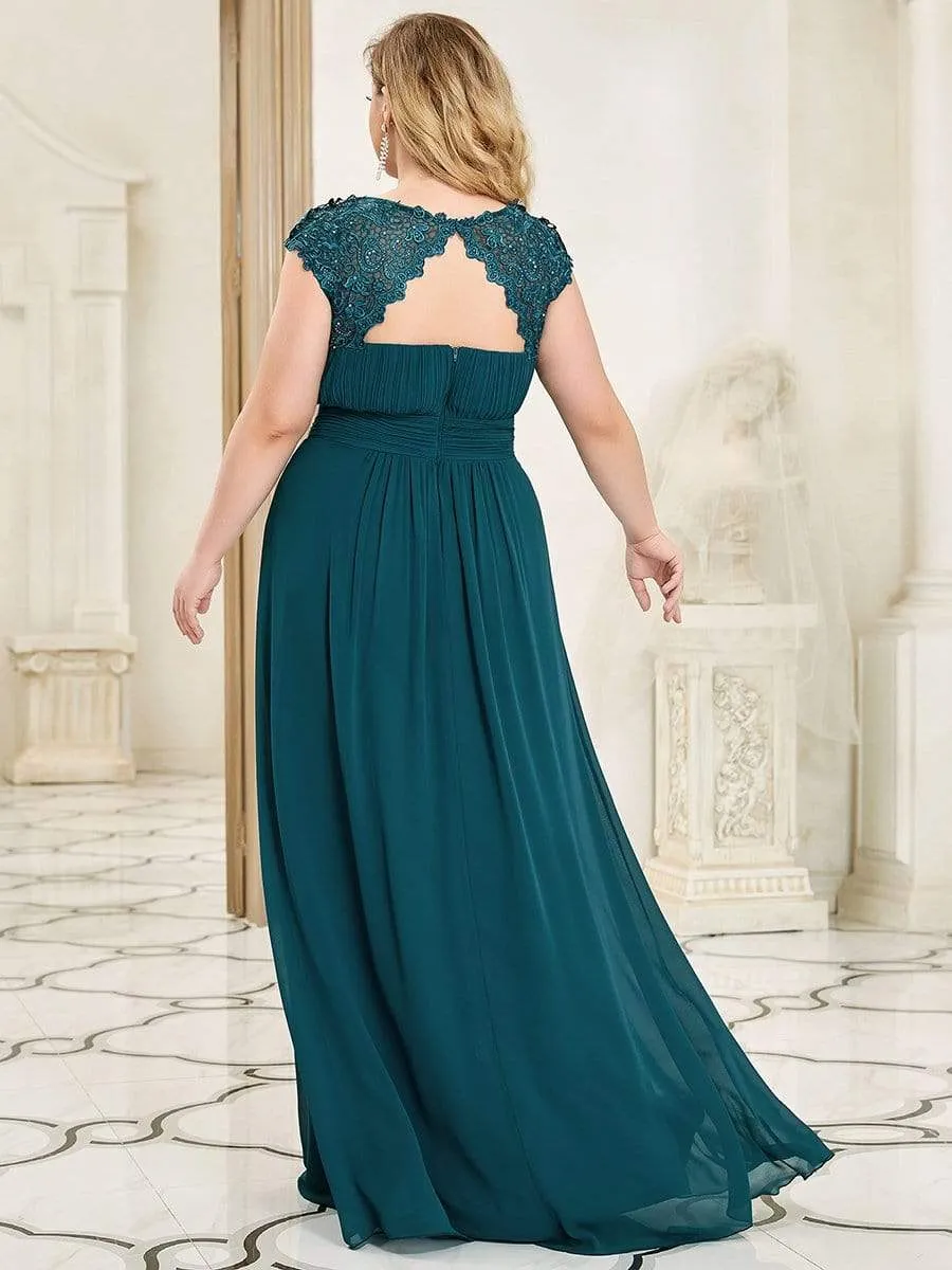 Plus Size Elegant Maxi Long Lace Cap Sleeve Bridesmaid Dress