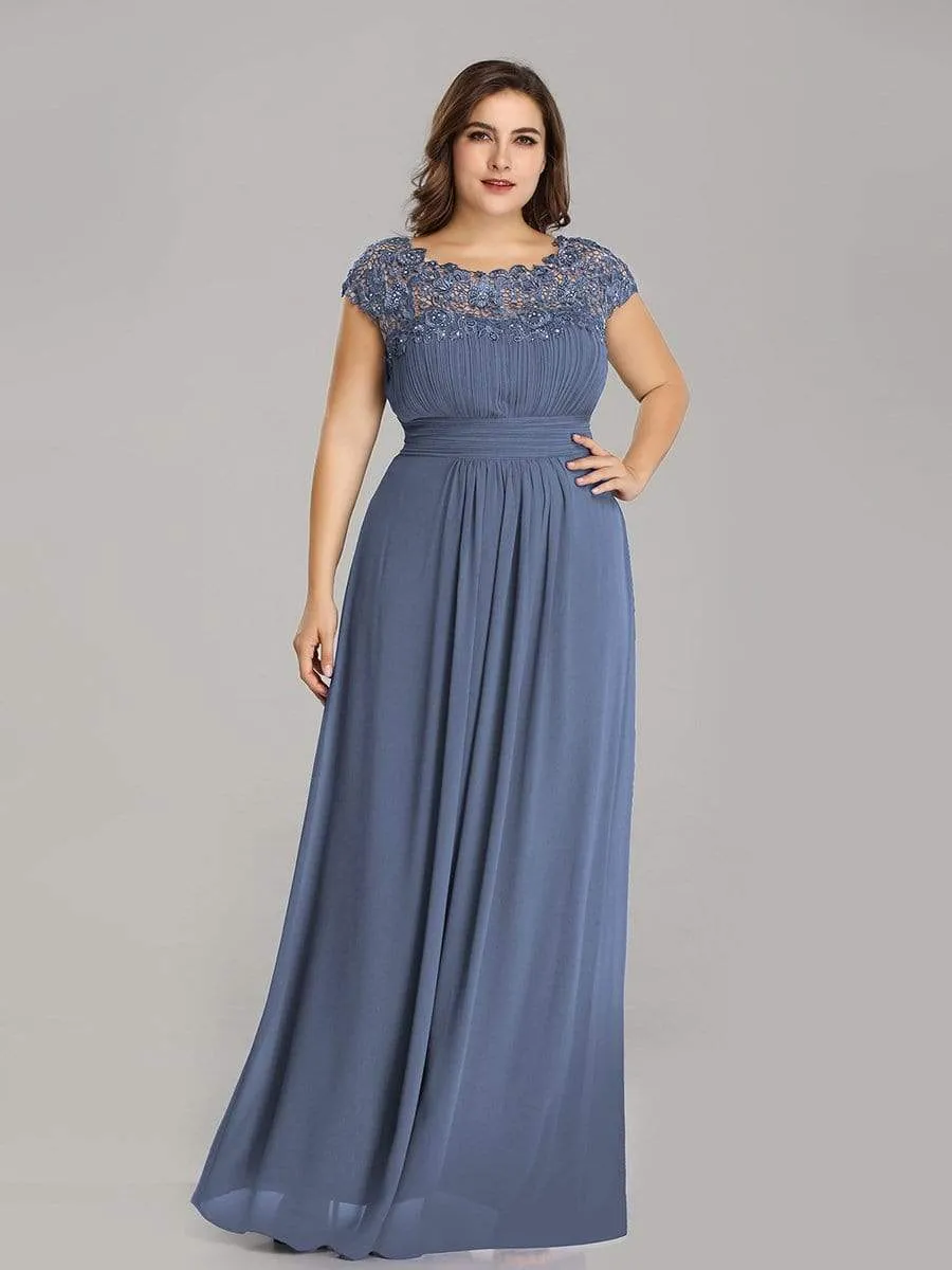 Plus Size Elegant Maxi Long Lace Cap Sleeve Bridesmaid Dress