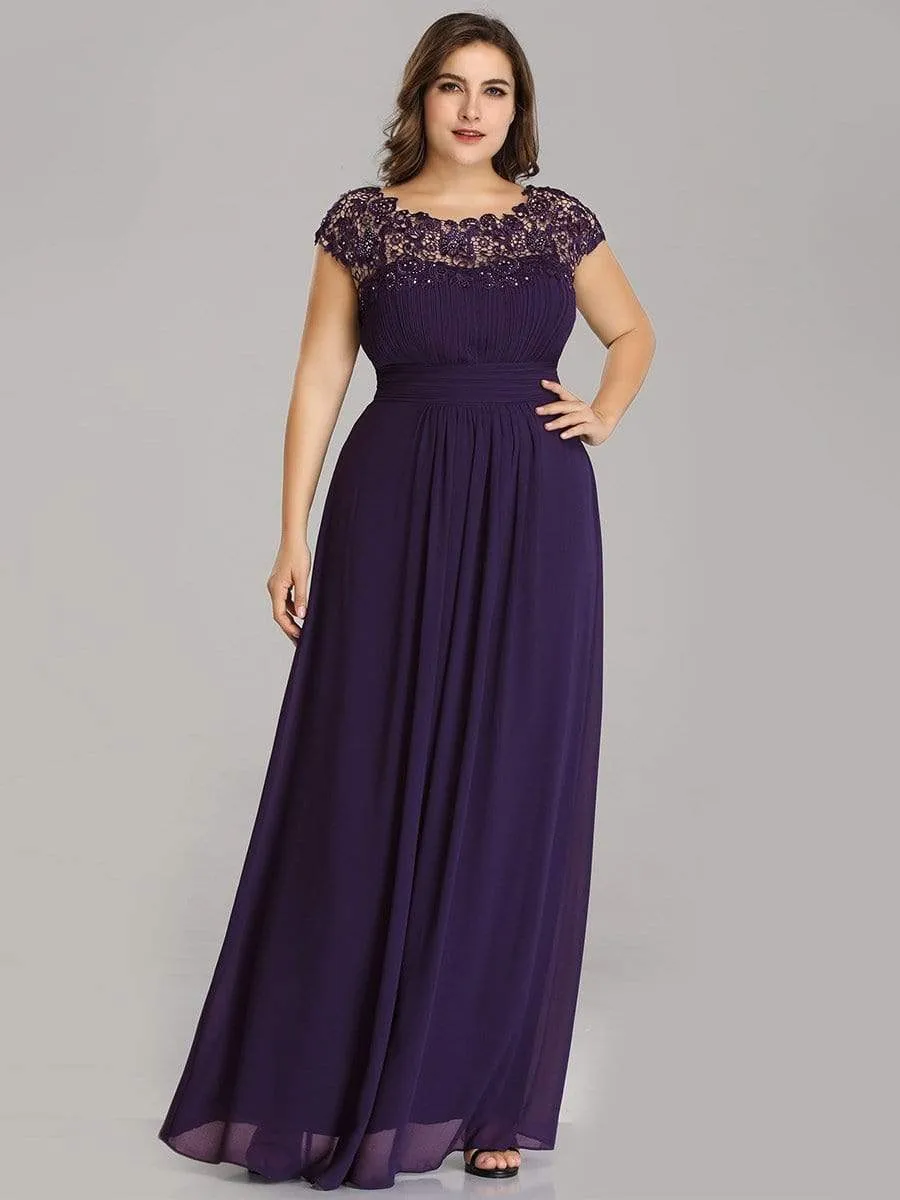 Plus Size Elegant Maxi Long Lace Cap Sleeve Bridesmaid Dress