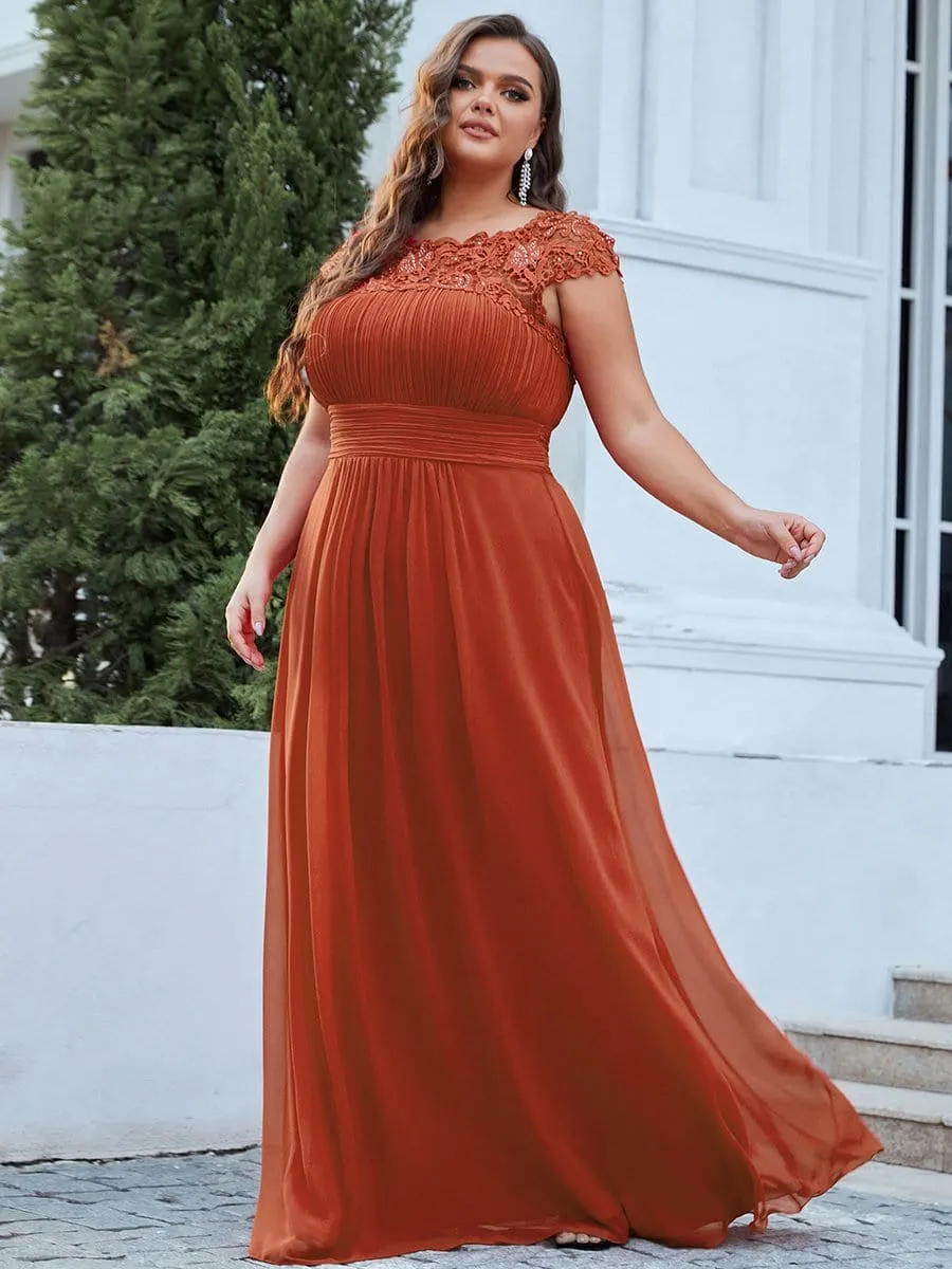 Plus Size Elegant Maxi Long Lace Cap Sleeve Bridesmaid Dress