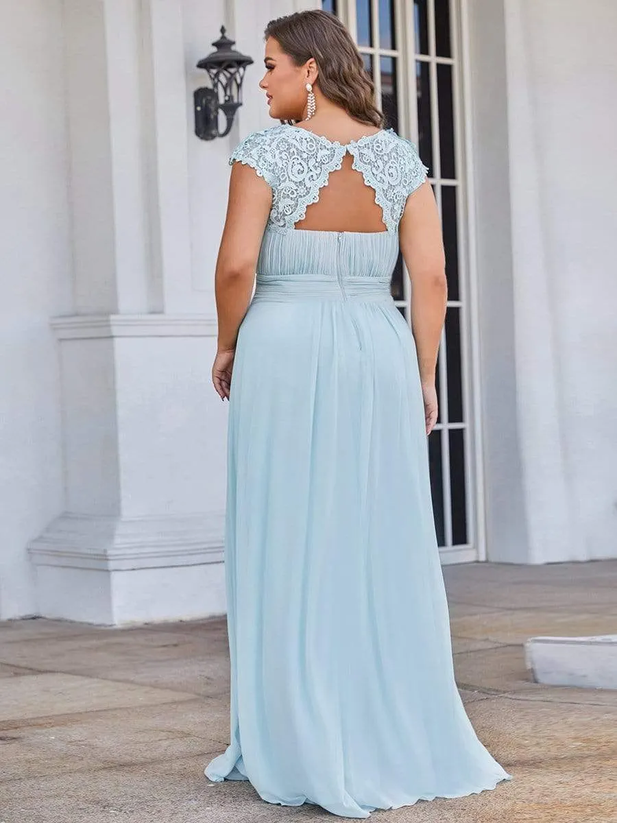 Plus Size Elegant Maxi Long Lace Cap Sleeve Bridesmaid Dress