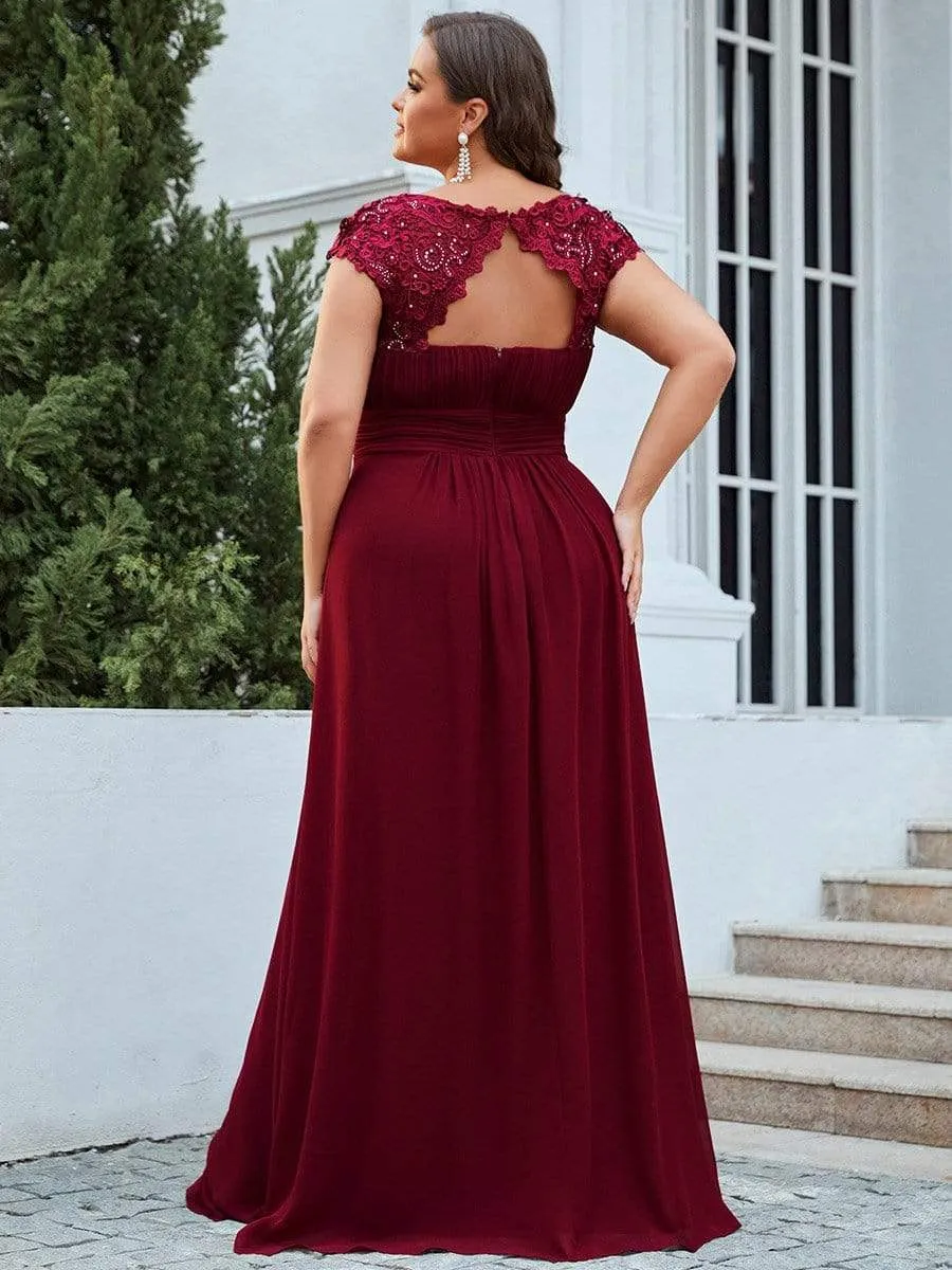 Plus Size Elegant Maxi Long Lace Cap Sleeve Bridesmaid Dress