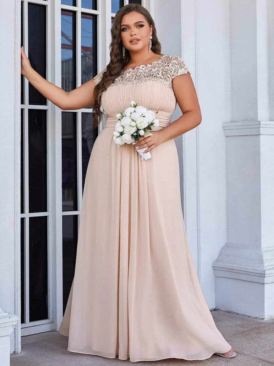 Plus Size Elegant Maxi Long Lace Cap Sleeve Bridesmaid Dress