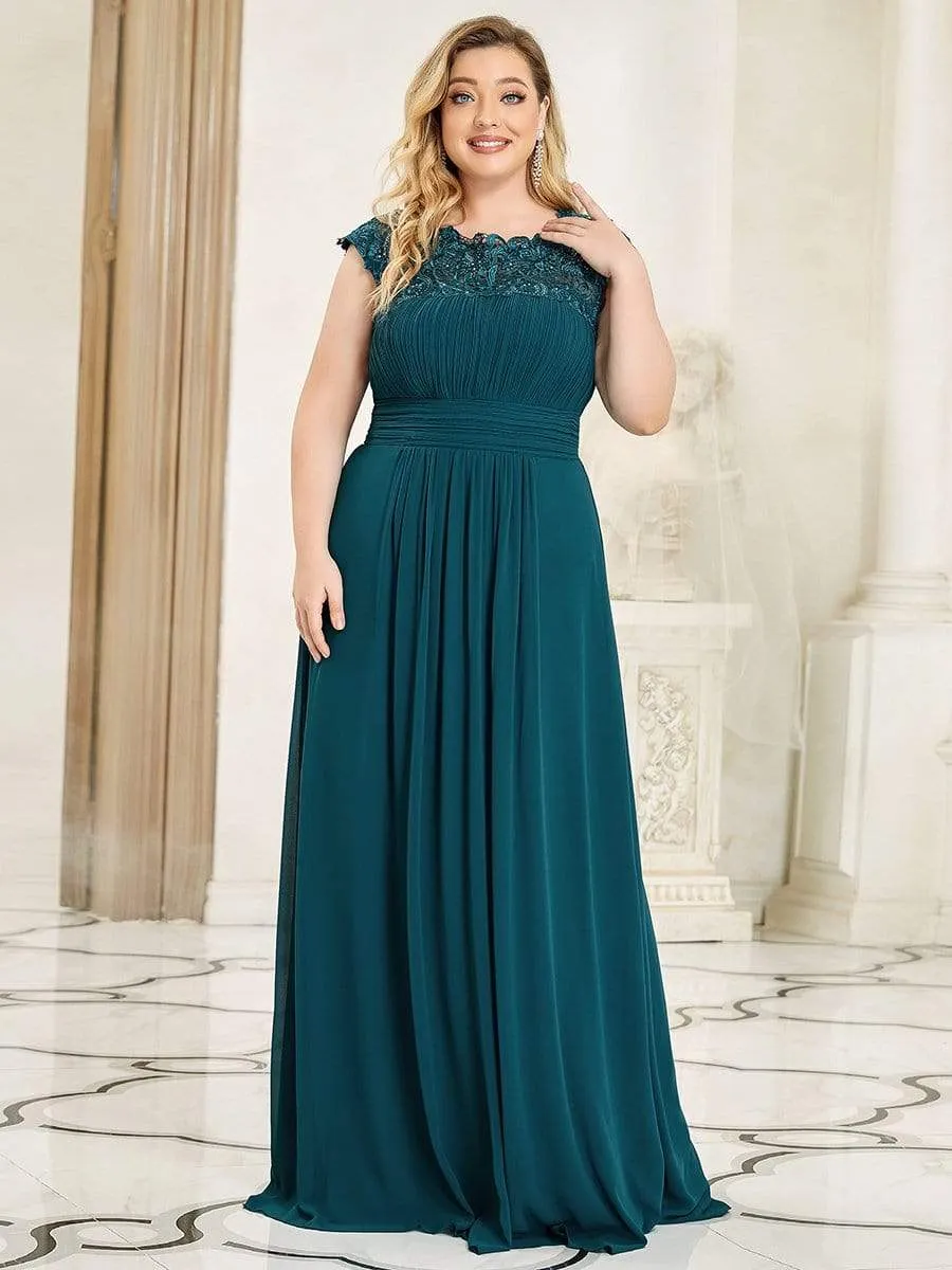 Plus Size Elegant Maxi Long Lace Cap Sleeve Bridesmaid Dress