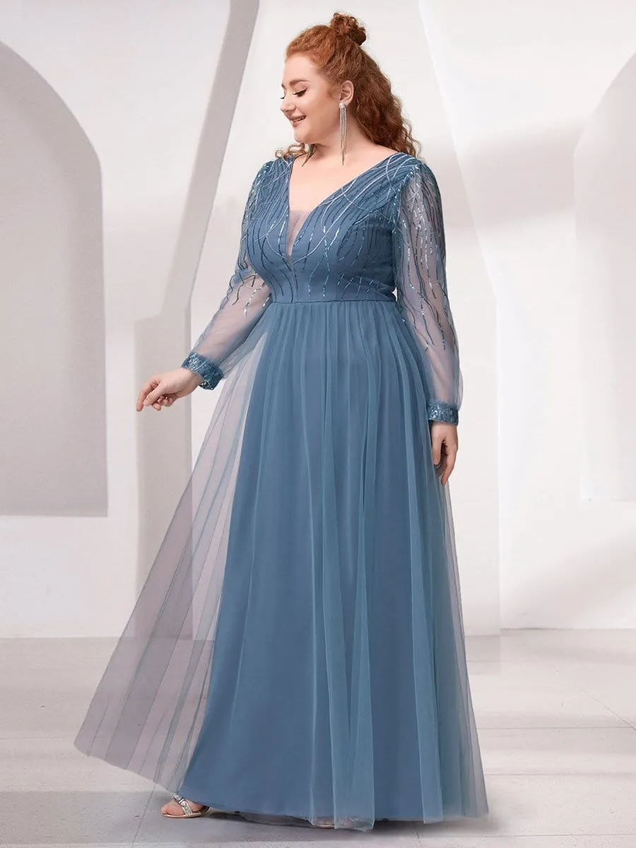 Plus Size Sequin Bodice Long Sleeve Tulle Evening Dress