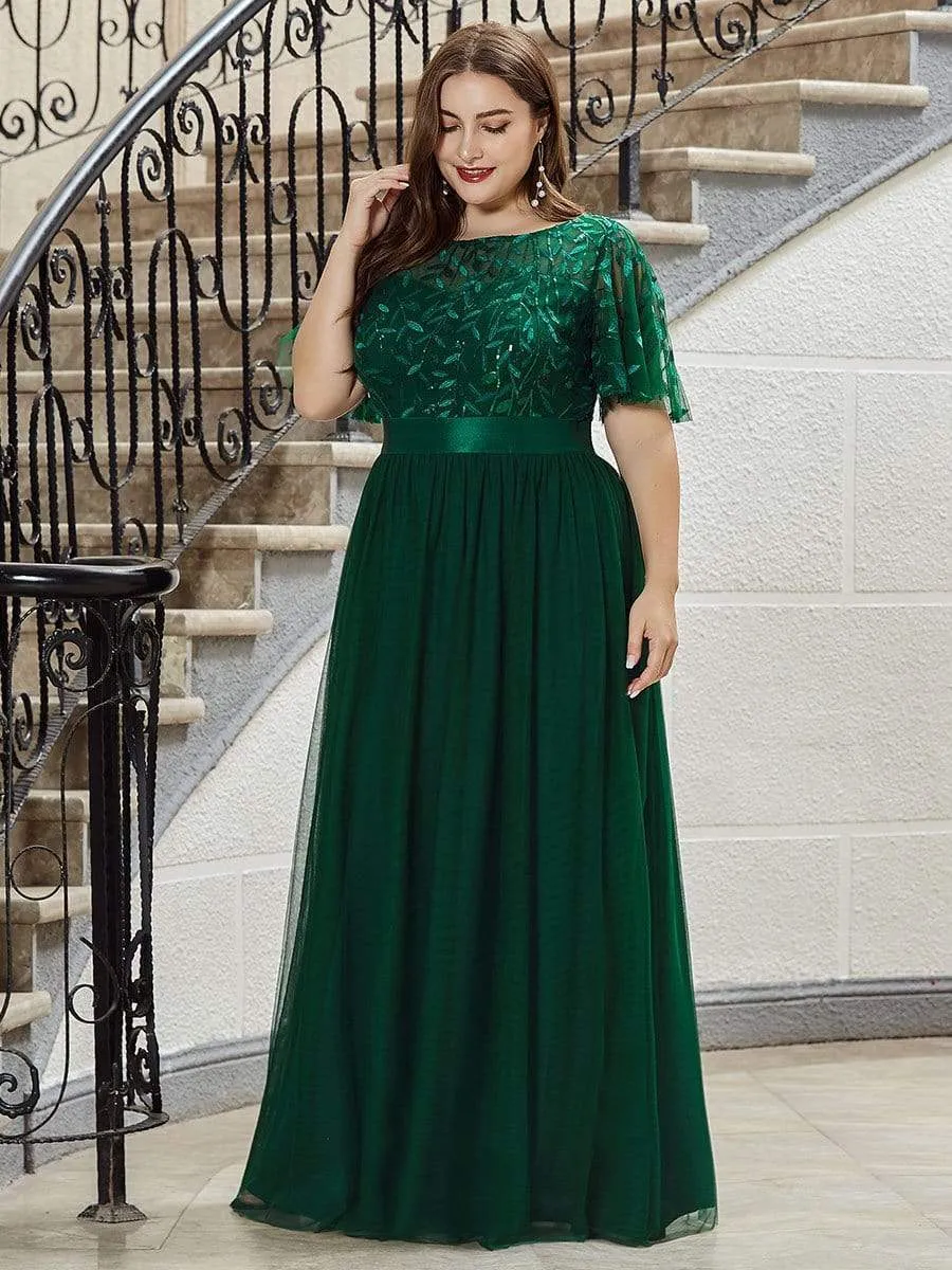 Plus Size Women's Embroidery Evening Dresses with Short Sleeve