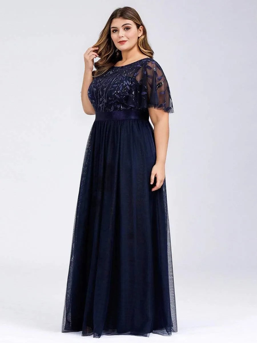 Plus Size Women's Embroidery Evening Dresses with Short Sleeve