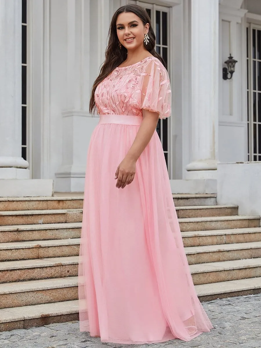 Plus Size Women's Embroidery Evening Dresses with Short Sleeve