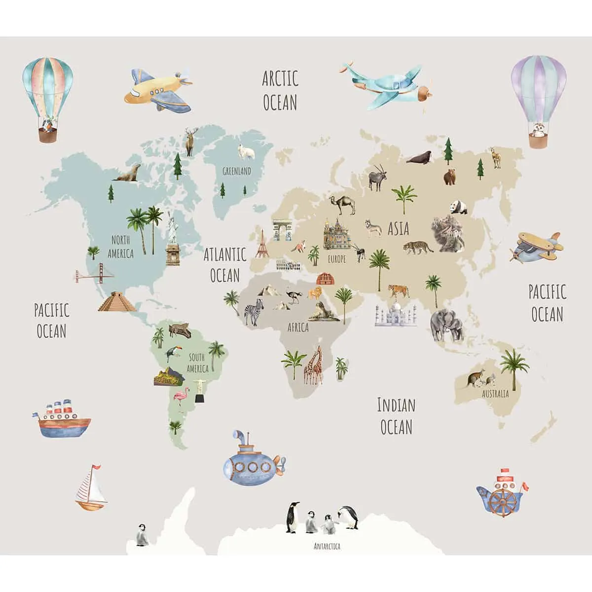 Pretty World Map Design for Kids Bedroom, Pastel, Customised