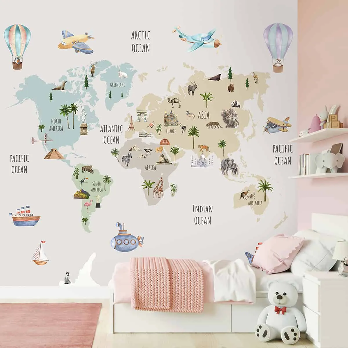 Pretty World Map Design for Kids Bedroom, Pastel, Customised