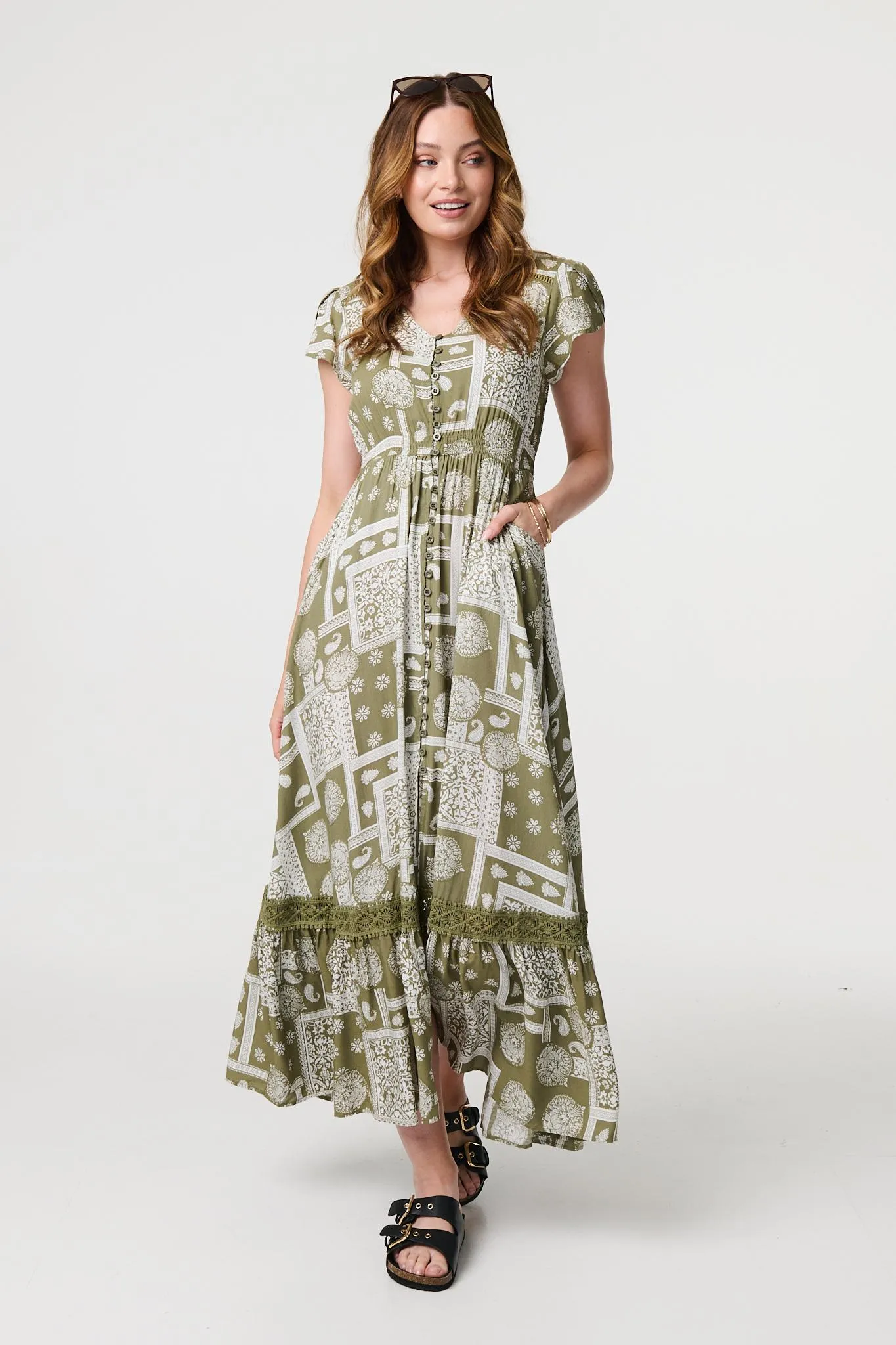 Printed V-Neck Cap Sleeve Maxi Dress