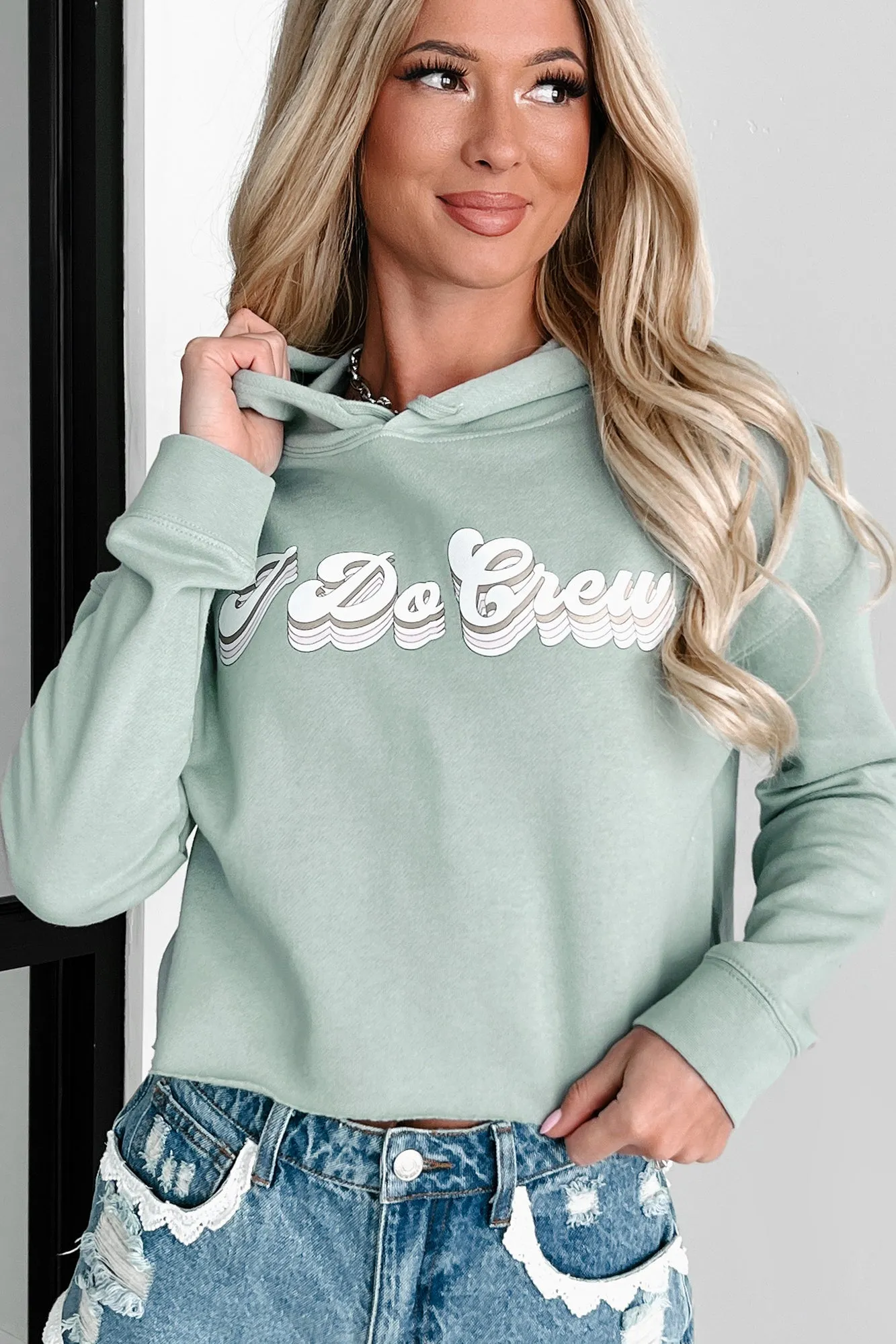 "I Do Crew" Metallic Graphic Crop Hoodie (Sage) - Print On Demand