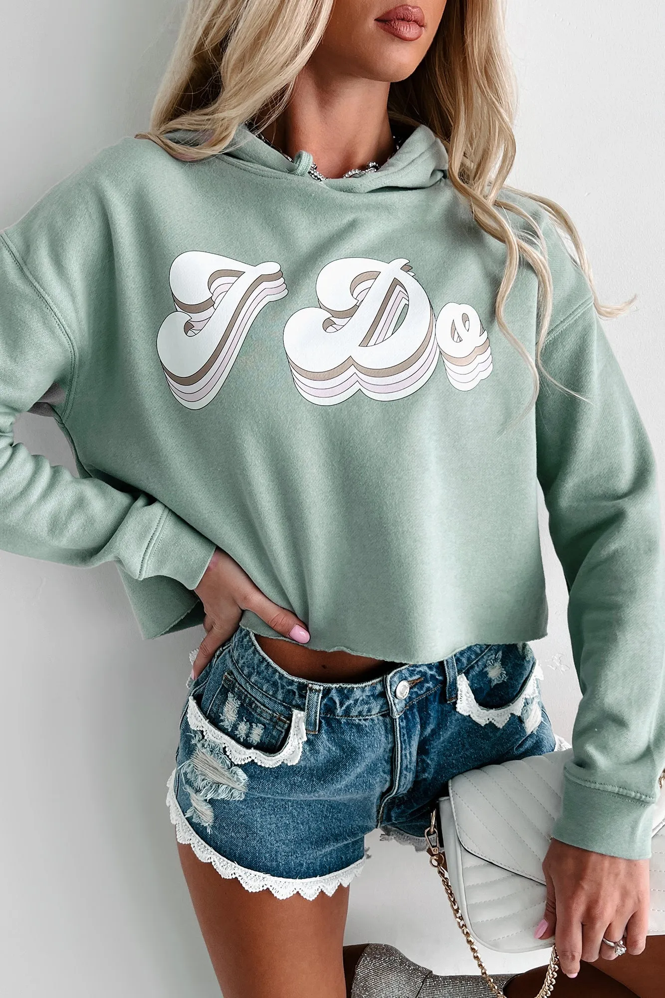 "I Do" Metallic Graphic Crop Hoodie (Sage) - Print On Demand