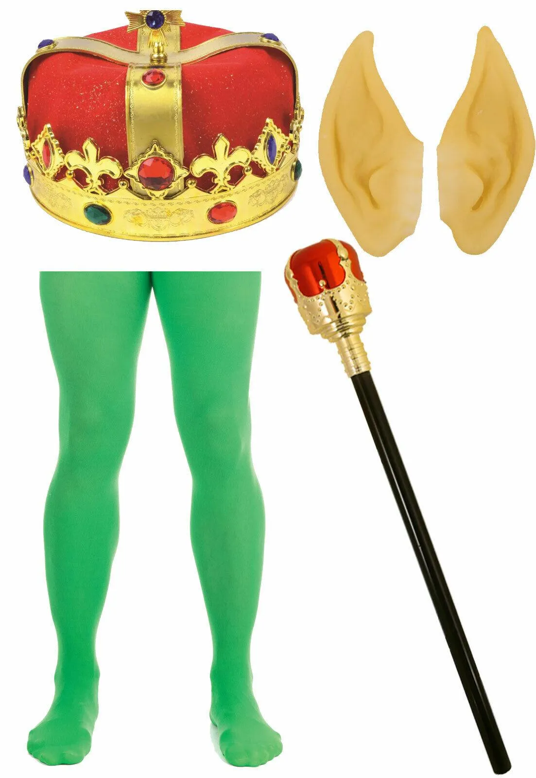 Red Velvet King Crown Royal Sceptre Ears Green Tights Christmas Fancy Dress