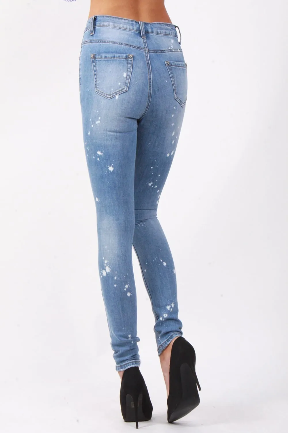 Ripped Diamante Jewel Detail Skinny High Waist Jeans